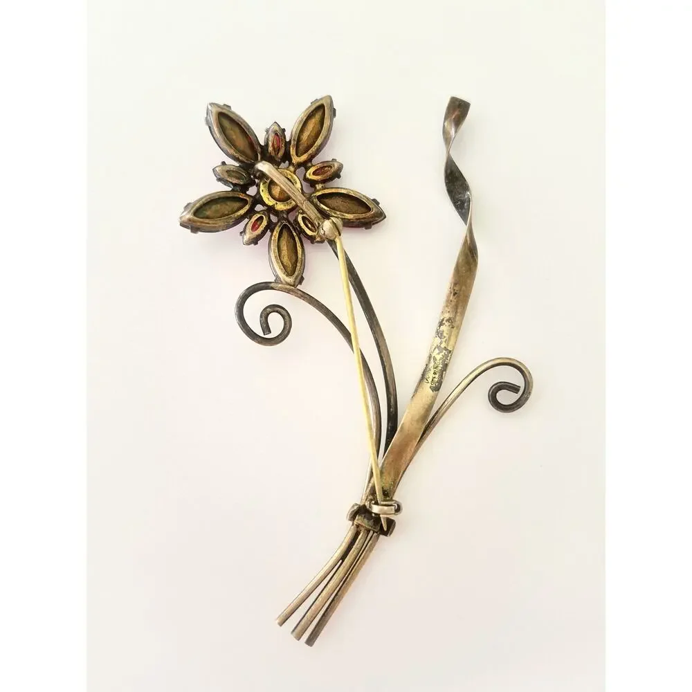 Vintage Coro Red Faceted Crystals Sterling Silver Gold Vermeil Flower Brooch